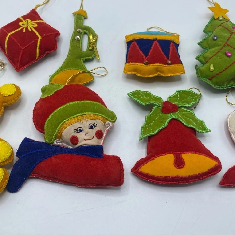 Vintage Felt handmade Christmas Ornaments Lot 8 Elf Tree Horn Drum Bear Bell